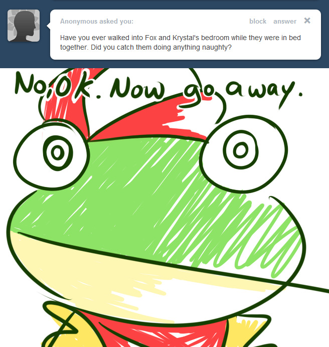 annoyed anthro ask_blog bandanna border english_text green_text kerchief male nintendo red_bandanna red_kerchief simple_background slippy_o'donnell slippy_toad solo star_fox text tumblr white_background white_border yellow_jacket