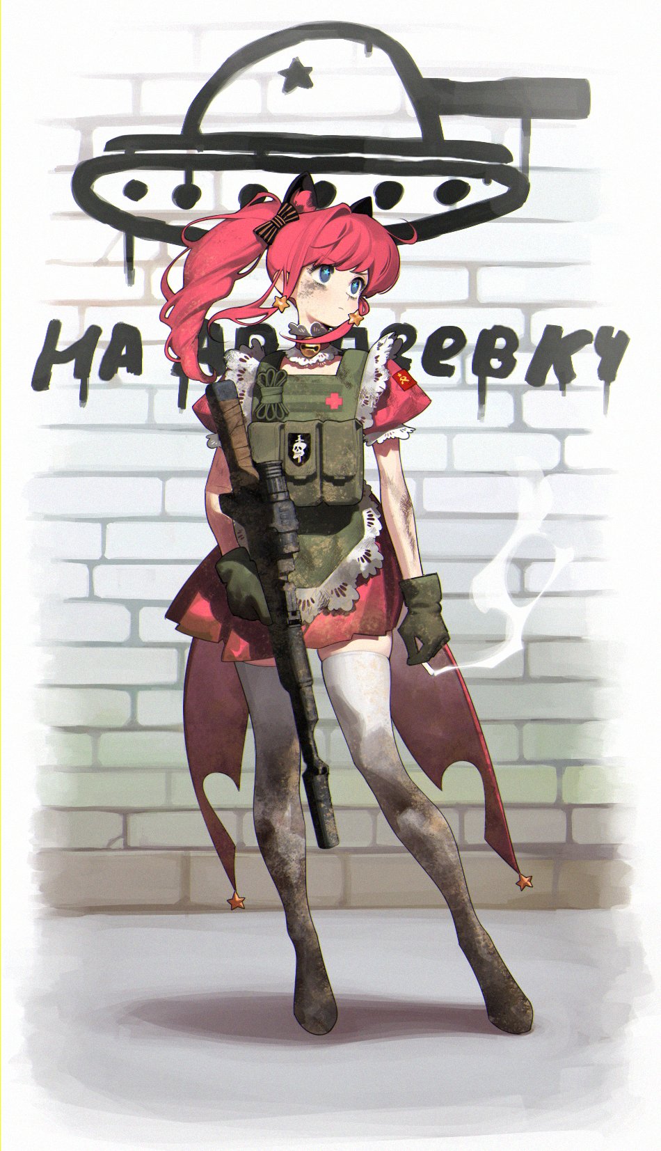 1girl abbystea blue_eyes brick_wall cigarette dirty dirty_clothes dirty_face dragunov_svd dress frills gloves graffiti green_gloves gun hair_ribbon highres holding holding_cigarette holding_gun holding_weapon load_bearing_vest looking_afar original ponytail red_dress red_hair ribbon rifle sidelocks smoke sniper_rifle solo soviet_flag star-shaped_pupils star_(symbol) symbol-shaped_pupils thighhighs weapon white_thighhighs
