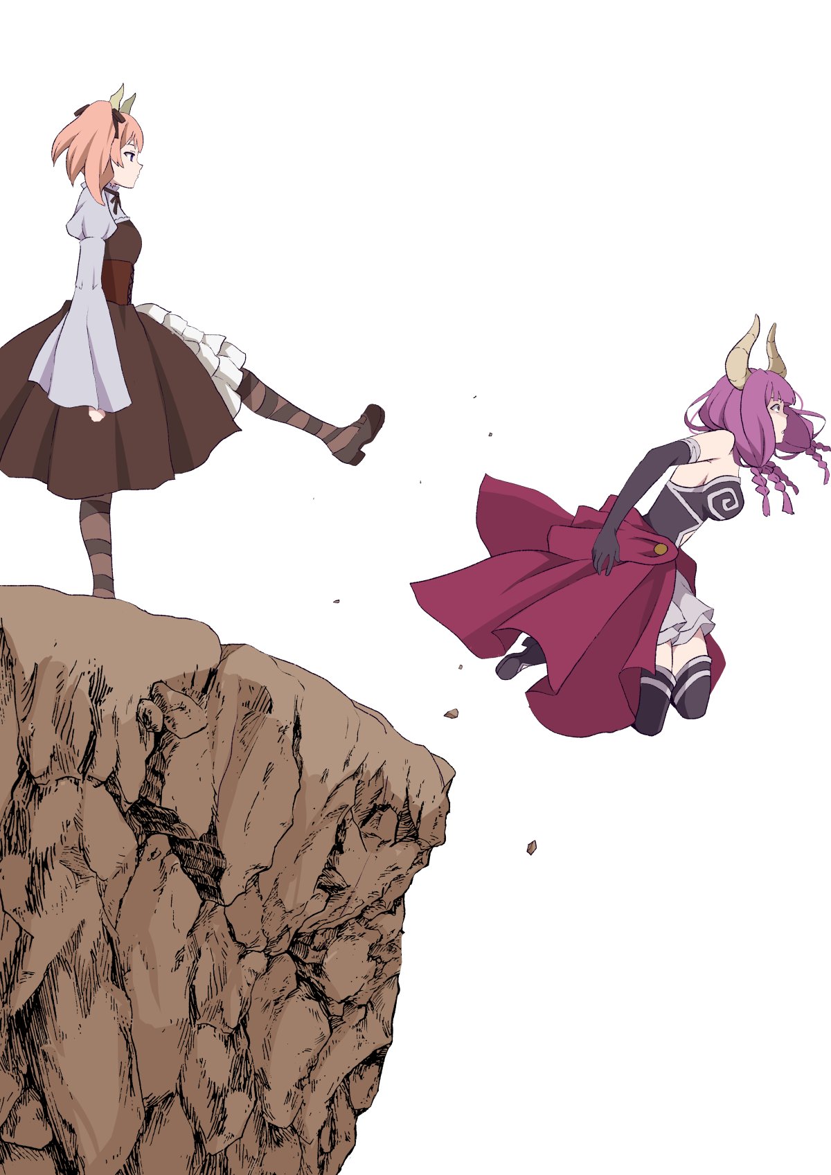 2girls aura_(sousou_no_frieren) black_footwear braid brown_dress cliff clothing_cutout commentary demon_girl demon_horns dress elbow_gloves from_side full_body gloves hair_ribbon highres horns kicking linie_(sousou_no_frieren) long_hair long_sleeves low-braided_long_hair mary_janes multiple_braids multiple_girls navel_cutout pink_hair profile purple_hair quad_braids ribbon shirt shoes simple_background sousou_no_frieren standing standing_on_one_leg symbol-only_commentary thigh_strap twintails white_background white_shirt yasehattagi