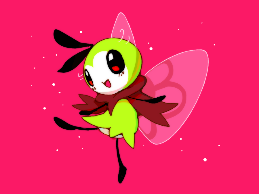 :d alternate_color animal_focus black_eyes commentary_request full_body happy leg_up light_blush no_humans open_mouth pink_background pokemon pokemon_(creature) pollen ribombee simple_background smile solo winter939