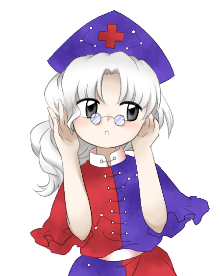 1girl :o blue_dress blue_headwear constellation_print cross dress grey_eyes hands_up hat long_hair looking_to_the_side nonamejd nurse_cap official_style pince-nez red_cross red_dress simple_background solo touhou two-tone_dress white_background white_hair yagokoro_eirin zun_(style)