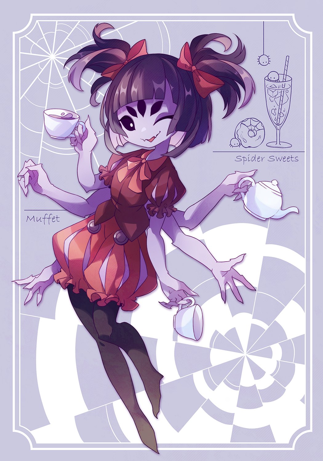 1girl arthropod_girl black_sclera black_thighhighs blunt_bangs border bow bowtie character_name colored_sclera colored_skin cup extra_arms extra_eyes fangs fewer_digits frilled_shorts frilled_sleeves frills full_body grey_background hair_bow highres holding holding_cup holding_teapot leg_up looking_at_viewer monster_girl muffet one_eye_closed open_mouth oshino_no puffy_short_sleeves puffy_shorts puffy_sleeves purple_hair purple_skin red_bow red_bowtie red_shirt red_shorts shirt short_bangs short_hair short_sleeves short_twintails shorts simple_background skin_fangs smile solo spider_girl spider_web_print teacup teapot thighhighs twintails undertale