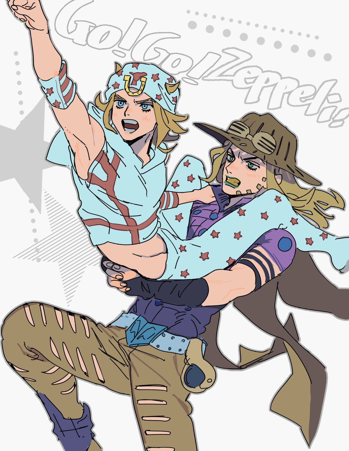 2boys armpits blonde_hair blue_eyes brown_pants carrying clenched_teeth commentary_request cowboy_hat goggles goggles_on_headwear gold_teeth green_eyes gyro_zeppeli hat highres holster horseshoe johnny_joestar jojo_no_kimyou_na_bouken long_hair male_focus multiple_boys open_mouth pants pointing s90jiiqo2xf0fk5 smile star_(symbol) star_print steel_ball_run teeth