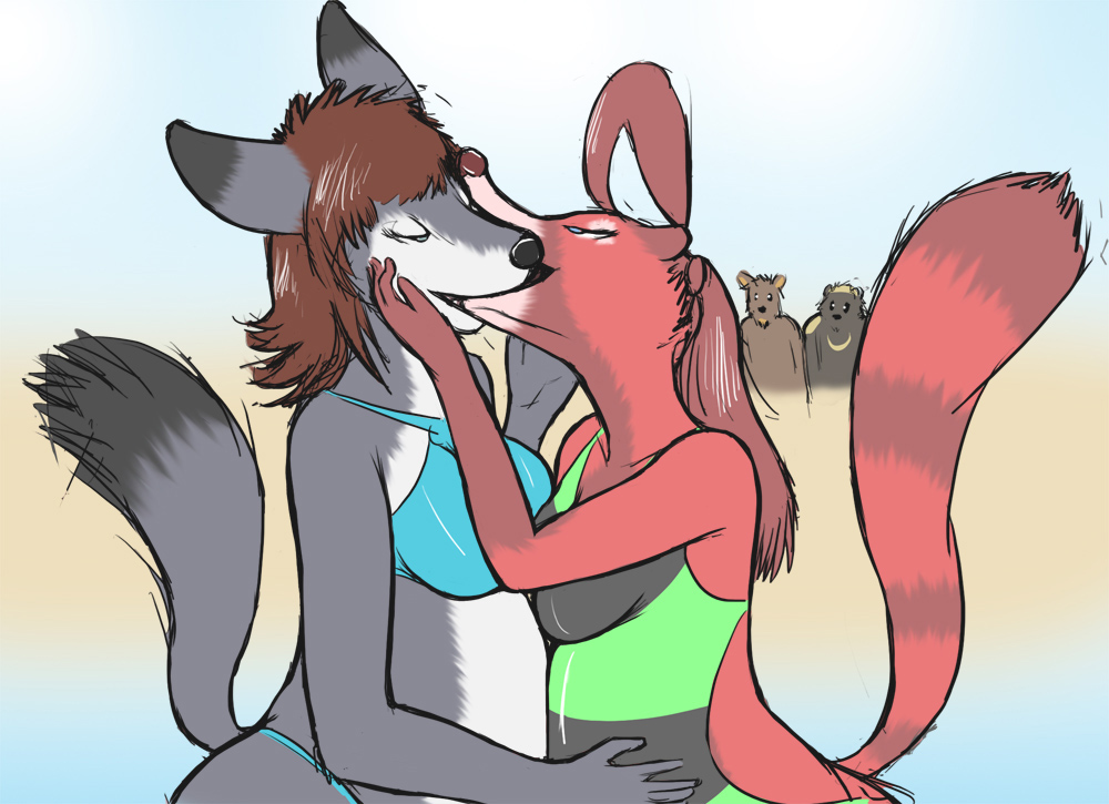 beach big bikini black blue blue_eyes breast_squish breasts canine cari_(ritts) chubby clothed clothing duo female fur green green_eyes grey_fur kissing lesbian male mammal mustelid outside red_panda ritts sand seaside skimpy sky swimsuit weasel