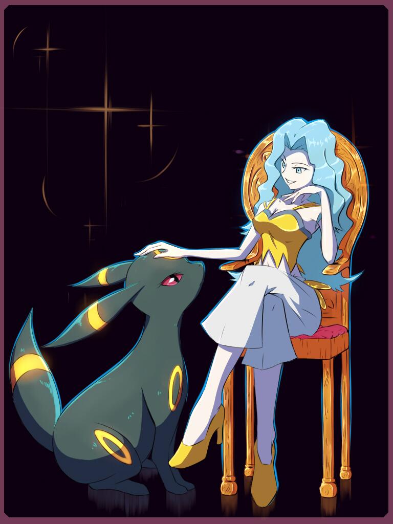 1girl bare_arms bare_shoulders black_eyes black_fur blue_eyes blue_hair breasts camisole capri_pants collarbone colored_sclera crop_top crossed_legs facial_mark forehead_mark forked_tail high_heels karen_(pokemon) large_breasts light_blue_hair medium_breasts midriff on_chair pants parted_bangs pokemon pokemon_(creature) pokemon_hgss red_sclera sitting spaghetti_strap tail tairakakeru umbreon wavy_hair white_pants yellow_camisole