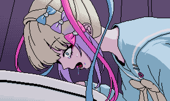 1girl blonde_hair blue_bow blue_eyes blue_hair blue_shirt bow chouzetsusaikawa_tenshi-chan constricted_pupils eencya hair_bow indoors leaning_forward long_hair long_sleeves multicolored_hair needy_girl_overdose official_art open_mouth pink_bow pink_hair pixel_art purple_bow purple_hair quad_tails sailor_collar second-party_source shirt solo tears toilet upper_body vomit vomiting wide-eyed yellow_bow