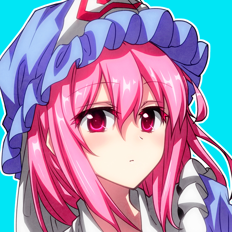 1girl aqua_background blue_headwear blush close-up closed_mouth colored_eyelashes commentary_request expressionless eyes_visible_through_hair frilled_hat frilled_shirt_collar frills hair_between_eyes hat long_hair looking_at_viewer mob_cap outline pink_eyes pink_hair portrait saigyouji_yuyuko sazanami_mio simple_background solo touhou triangular_headpiece white_outline