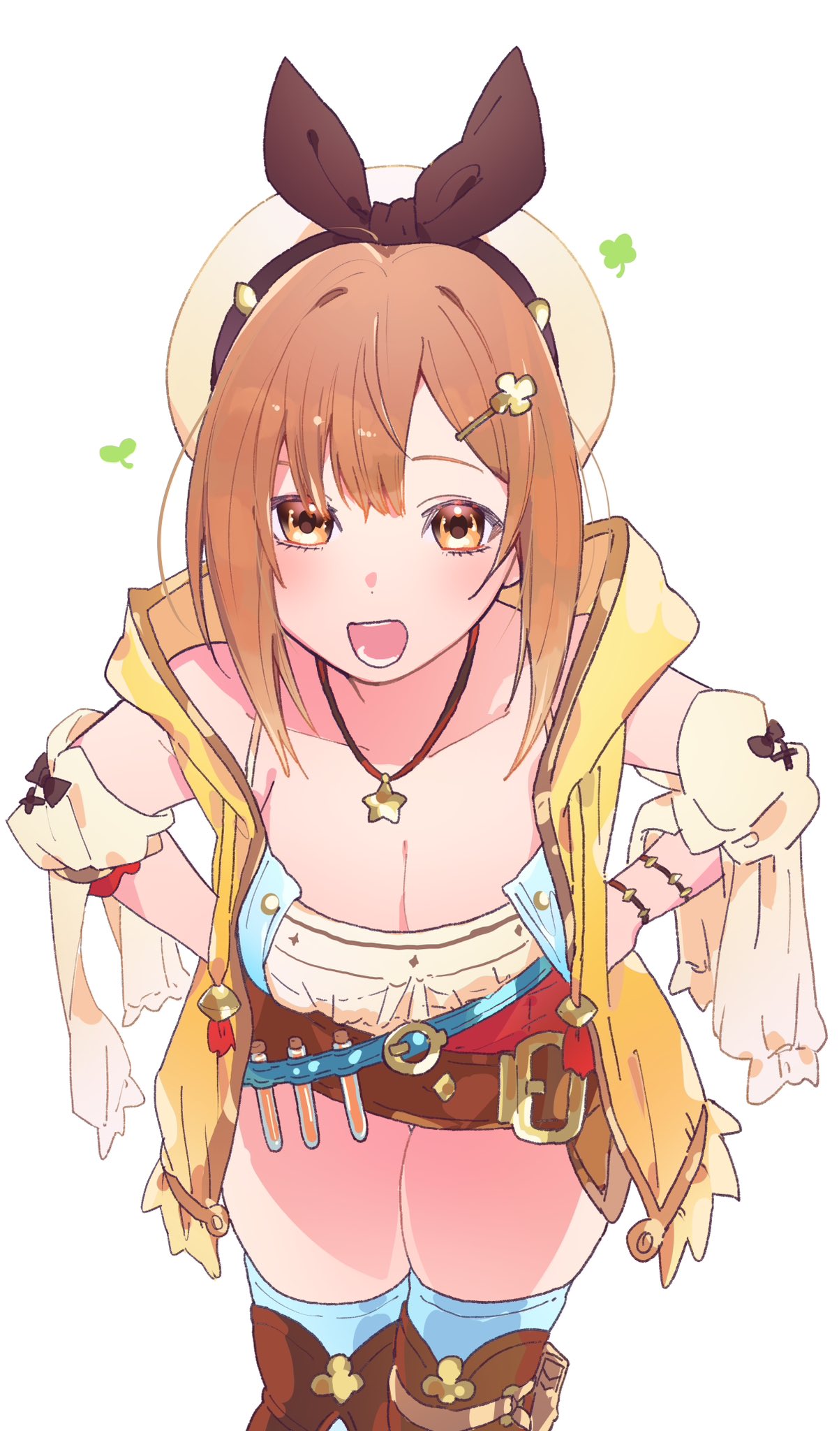 1girl atelier_(series) atelier_ryza atelier_ryza_1 belt beret boots bow bracelet breasts brown_belt brown_eyes brown_footwear brown_hair cleavage commentary_request detached_sleeves hair_ornament hairclip hands_on_own_hips hat hat_bow highres jacket jewelry large_breasts leaning_forward looking_at_viewer necklace open_mouth red_shorts reisalin_stout shirt short_hair short_shorts shorts sleeveless sleeveless_jacket sleeveless_shirt solo spaghetti_strap star_(symbol) star_necklace thighhighs thighhighs_under_boots thighs valentine_(02140314c) vial white_background white_headwear white_shirt white_sleeves white_thighhighs yellow_jacket