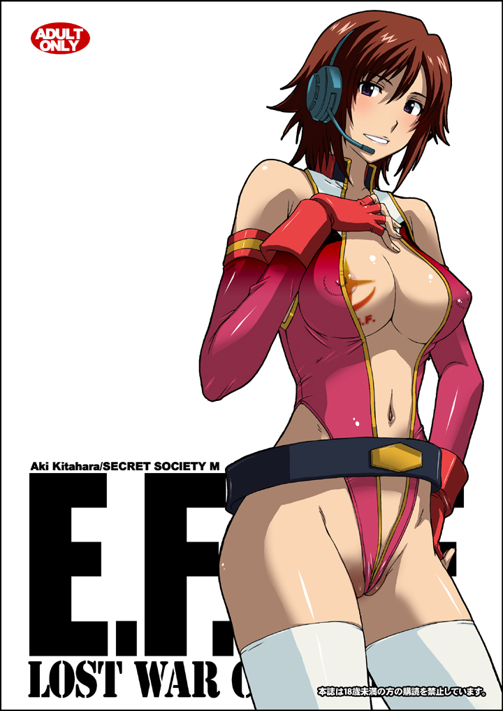 alternate_costume areola_slip areolae bad_id bad_pixiv_id belt blush breasts brown_hair center_opening cleavage covered_nipples detached_sleeves fingerless_gloves gloves gundam gundam_lost_war_chronicles hand_on_hip headset highleg highleg_leotard kitahara_aki large_breasts legs leotard miyu_takisawa navel pink_leotard solo thighhighs thighs wedgie white_legwear