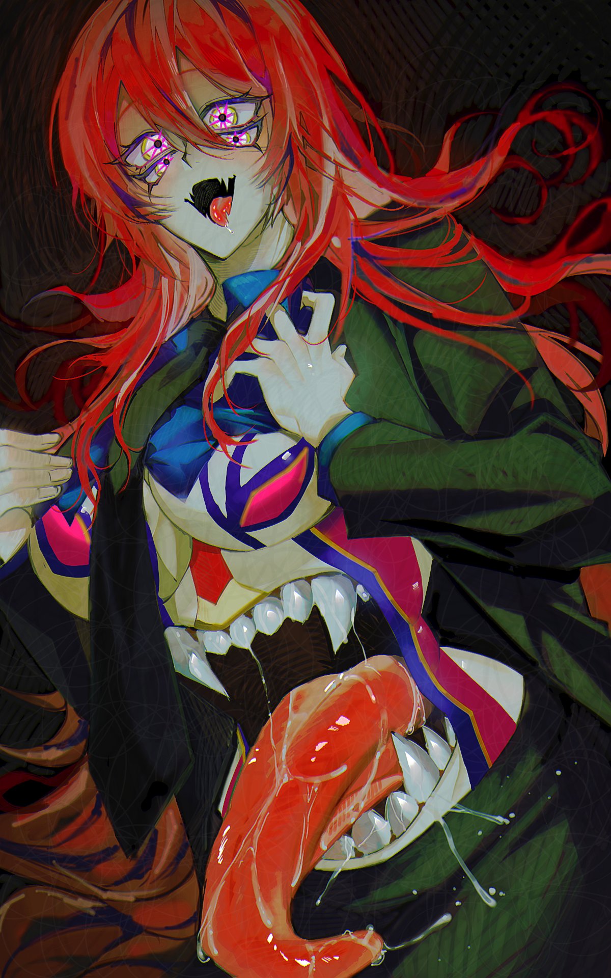 1girl black_background black_jacket black_skirt blazer blue_shirt breasts commentary_request cowboy_shot crop_top extra_eyes extra_teeth fangs hair_between_eyes highres jacket kaiji korean_commentary large_breasts long_bangs long_hair long_sleeves looking_at_viewer ninjin_(ninjin20417113) open_mouth pale_skin personification red_eyes saliva sharp_teeth shirt skin_fangs skirt smile solo star-shaped_pupils star_(symbol) stomach_mouth symbol-shaped_pupils teeth tongue tongue_out underboob very_long_hair white_eyes