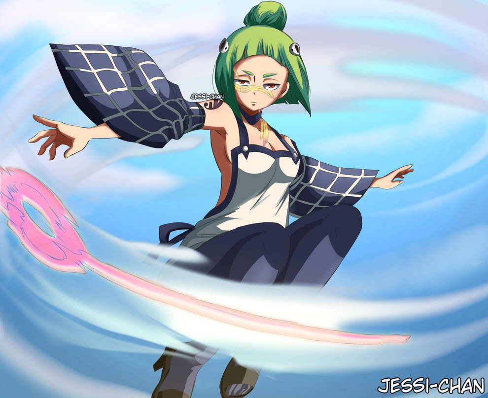 backless_outfit breasts detached_sleeves eden's_zero green_hair kleene_(eden's_zero) non-web_source red_eyes short_hair small_breasts thighhighs