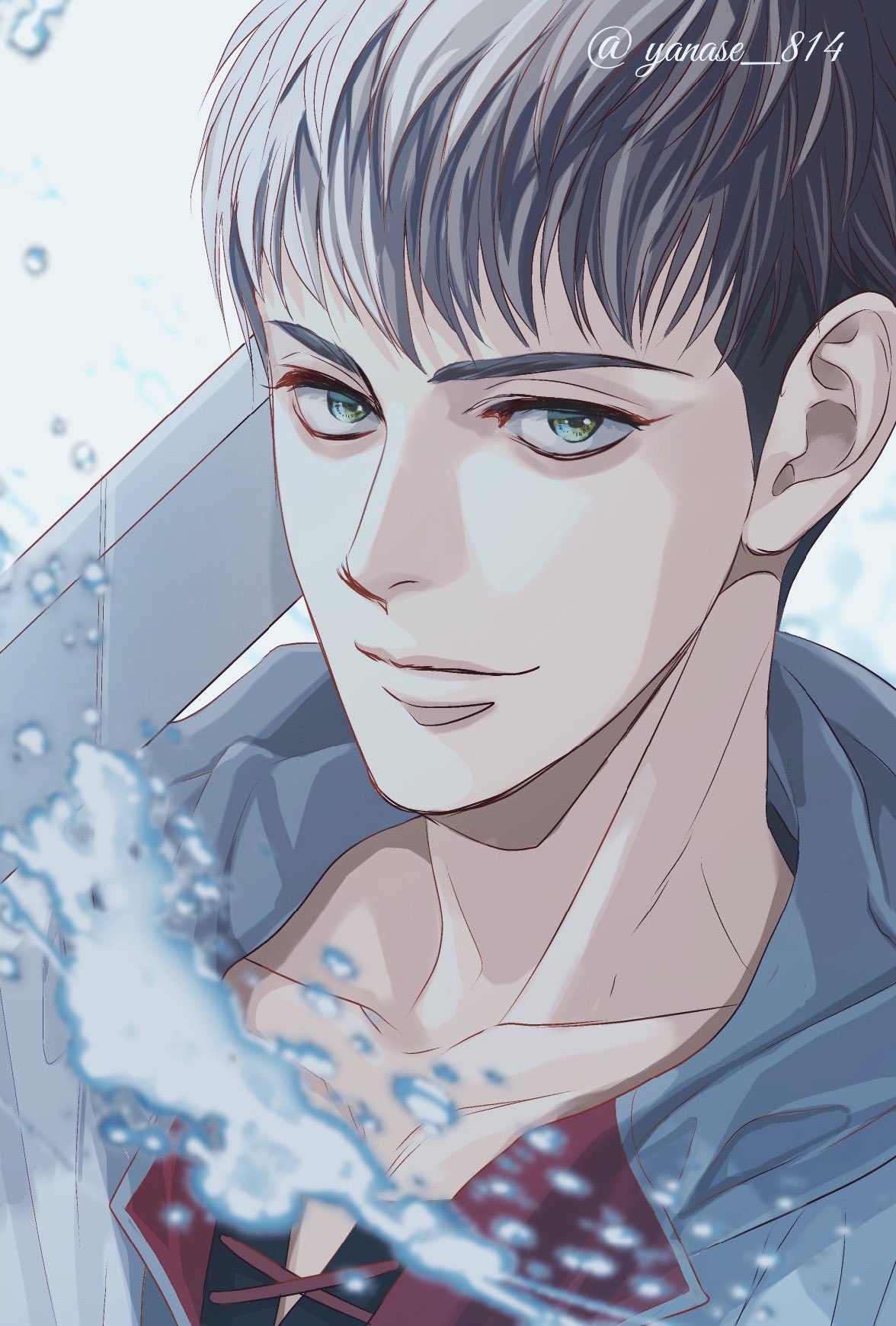 1boy aqua_eyes bertolt_hoover black_hair commentary_request highres looking_at_viewer male_focus portrait shingeki_no_kyojin smile solo splashing sword twitter_username weapon yanase_814