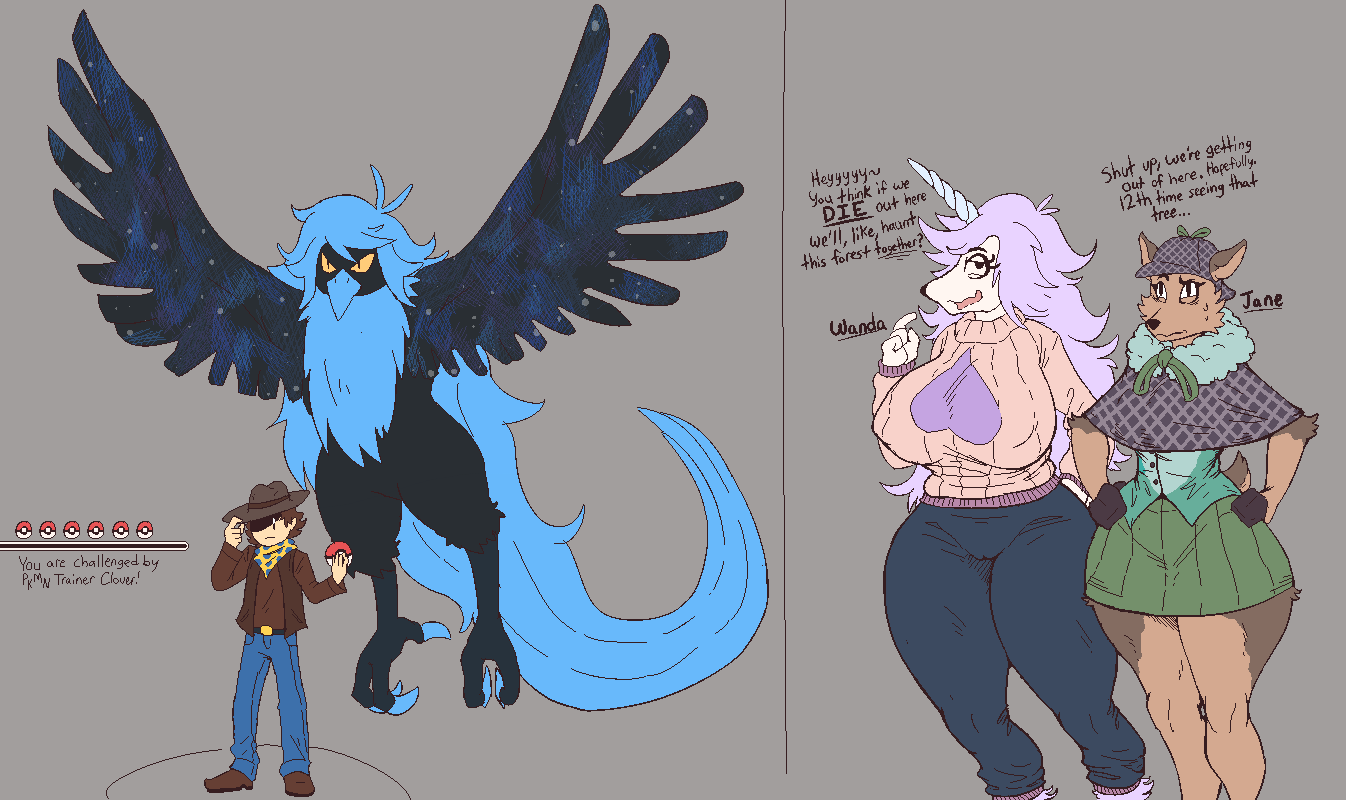 anthro avian big_breasts bird breasts canid canine clover_(undertale_yellow) dialogue duo english_text equid equine female fox hair horn huge_breasts human long_hair male mammal martlet_(undertale_yellow) martlet_(zenith_form) nintendo nipple_outline pokeball pokemon signirsol text thick_thighs undertale_(series) undertale_yellow unicorn wide_hips wings
