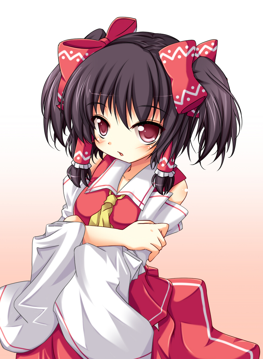 alternate_hairstyle ascot bare_shoulders black_hair blush detached_sleeves gradient gradient_background hair_ribbon hair_tubes hakurei_reimu highres holding_arm looking_at_viewer open_mouth patterned red_eyes ribbon self_hug shefu shirt short_hair simple_background skirt skirt_set solo standing touhou twintails wide_sleeves