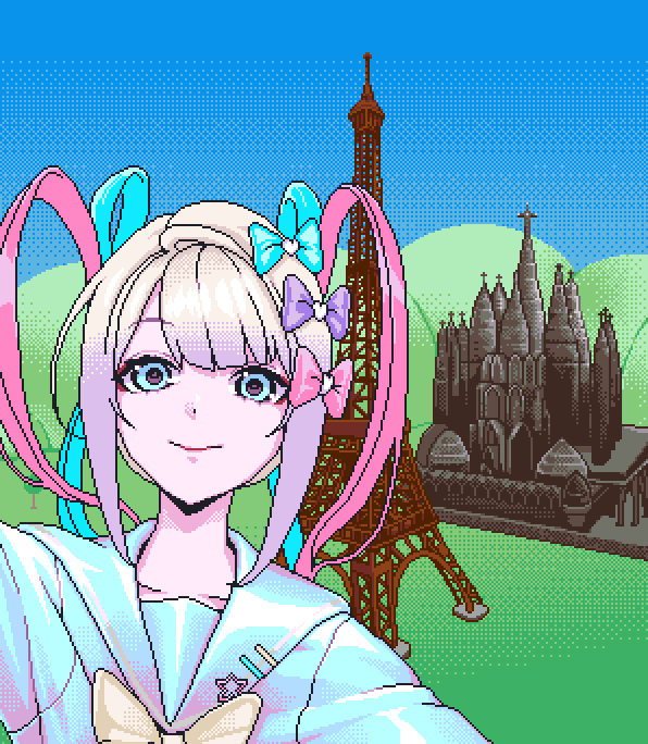 1girl blonde_hair blue_bow blue_eyes blue_hair blue_sailor_collar blue_serafuku blue_shirt bow bowtie chouzetsusaikawa_tenshi-chan closed_mouth derivative_work eencya eiffel_tower facebook hair_bow long_hair looking_at_viewer mark_zuckerberg multicolored_hair multiple_hair_bows needy_girl_overdose official_art parody pink_bow pink_hair pixel_art purple_bow quad_tails sagrada_familia sailor_collar school_uniform second-party_source serafuku shirt smile solo star_ornament yellow_bow yellow_bowtie