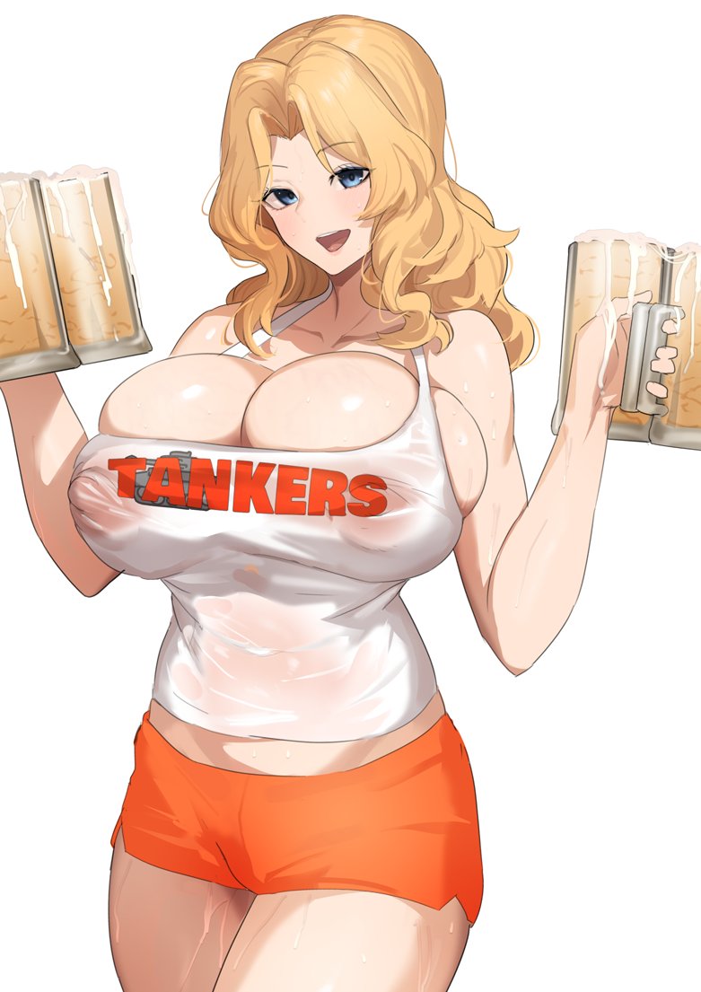 1girl aji_(sakanaaj1) alcohol bare_arms bare_shoulders beer beer_mug blonde_hair blue_eyes breasts cleavage collarbone covered_navel covered_nipples cup employee_uniform girls_und_panzer hair_intakes holding holding_cup hooters huge_breasts kay_(girls_und_panzer) long_hair looking_at_viewer mug open_mouth orange_shorts print_tank_top short_shorts shorts skindentation smile solo sweat tank_top thighs uniform white_background white_tank_top