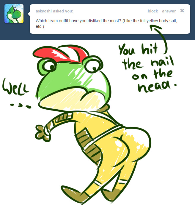 amphibian anthro ask_blog butt clothing dialogue duo english_text frog green_body green_skin green_text hat headgear headwear male mario_bros nintendo nishi_oxnard red_clothing red_hat red_headwear simple_background slippy_o'donnell slippy_toad star_fox suit text tumblr white_background white_clothing white_hat white_headwear yellow_clothing yellow_suit yoshi