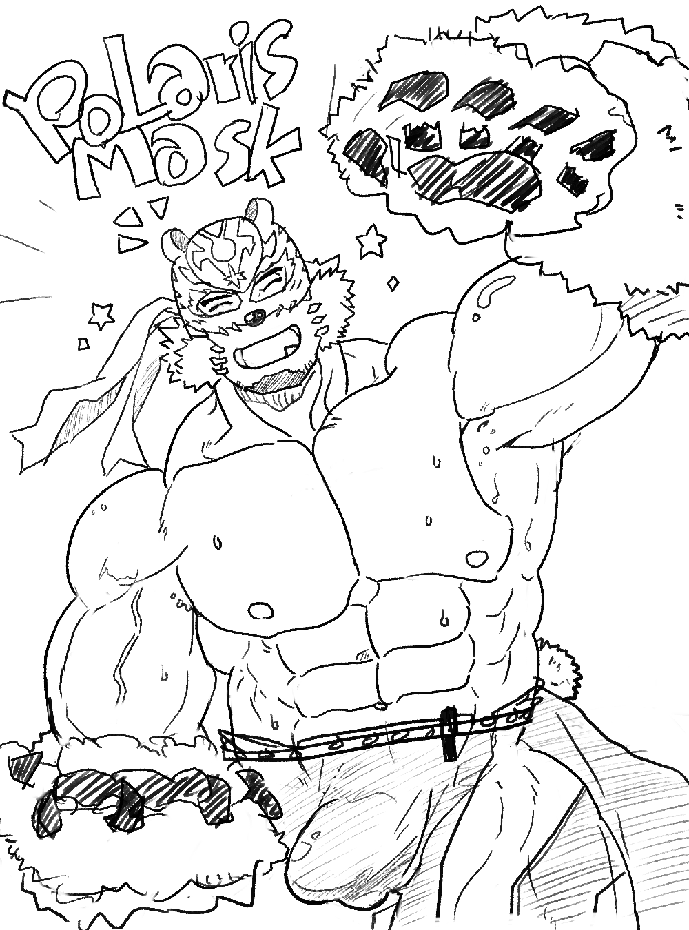 1boy :d ^_^ abs arm_up bara bear_mask bear_paws closed_eyes covered_penis cowboy_shot facial_hair fang fang_out goatee greyscale happy highres huge_pectorals live_a_hero looking_at_viewer male_focus mask mature_male monochrome muscular muscular_male nipples polaris_mask_(live_a_hero) shirahae76642 smile solo sparkling_aura wrestling_mask wrestling_outfit