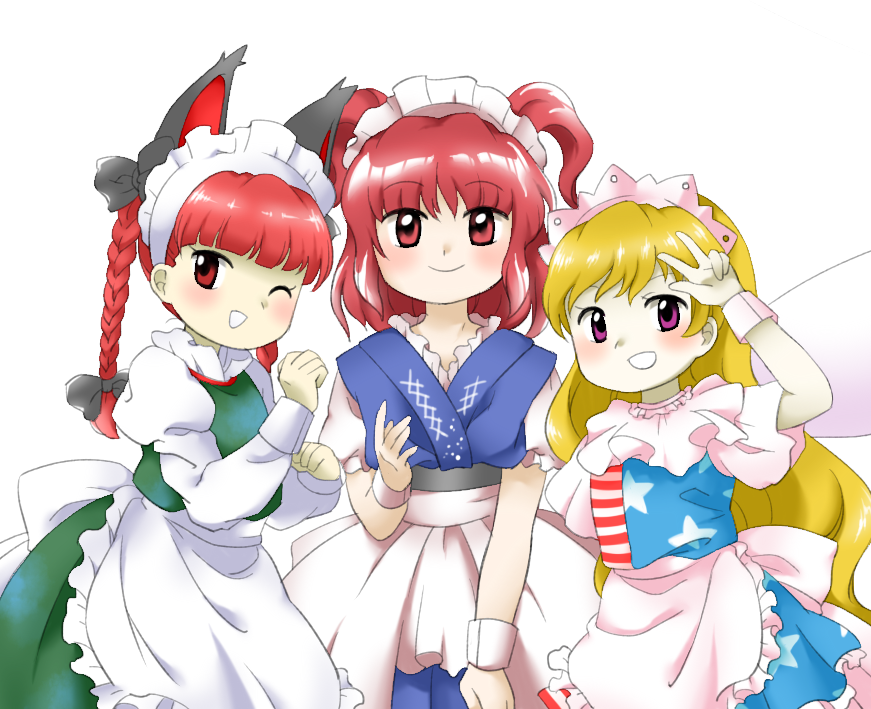 3girls :d ;d american_flag american_flag_dress american_flag_print animal_ears apron arm_up back_bow black_bow blonde_hair blue_kimono bow braid cat_ears cat_girl closed_mouth clownpiece dress extra_ears fairy fairy_wings flag_print green_dress hair_bow hands_up japanese_clothes kaenbyou_rin kimono long_hair looking_at_viewer maid_apron maid_headdress multiple_girls nonamejd official_style one_eye_closed onozuka_komachi purple_eyes red_eyes red_hair simple_background smile touhou twin_braids two_side_up waist_apron white_apron white_background white_bow white_wings white_wrist_cuffs wings zun_(style)