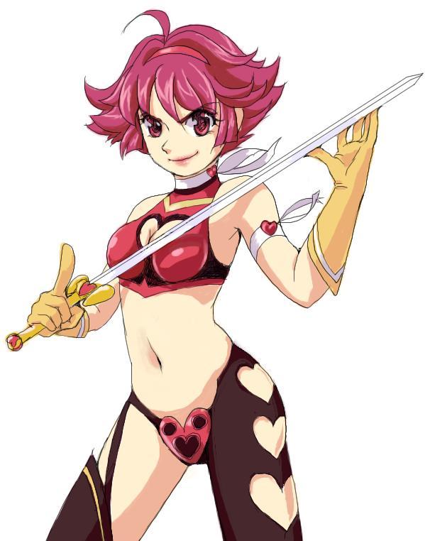 ahoge armlet asymmetrical_clothes bare_shoulders boots breasts choker cleavage cleavage_cutout crop_top cutie_honey cutie_honey_(character) gloves halter_top halterneck heart heart_cutout jpeg_artifacts kisaragi_honey magical_girl medium_breasts midriff navel purple_eyes purple_hair re:_cutie_honey short_hair single_thighhigh skimlines solo sword thighhighs weapon