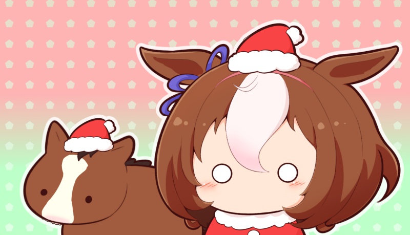 animal_ears blush_stickers brown_hair commentary creature_and_personification ear_ribbon fur-trimmed_headwear fur_trim gomashio_(goma_feet) hair_between_eyes hairband hat horse horse_ears horse_girl light_brown_hair meisho_doto_(racehorse) meisho_doto_(umamusume) minimized no_mouth o_o pink_hairband pom_pom_(clothes) purple_ribbon real_life ribbon santa_hat short_hair umamusume