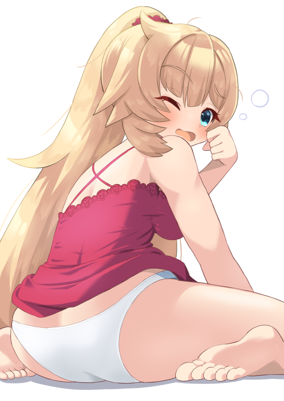 1girl akai_haato barefoot blonde_hair blue_eyes blush breasts hair_ornament heart heart_hair_ornament hololive large_breasts long_hair looking_at_viewer nightgown odango_(shiladango) one_eye_closed open_mouth panties ponytail red_nightgown underwear virtual_youtuber white_background white_panties