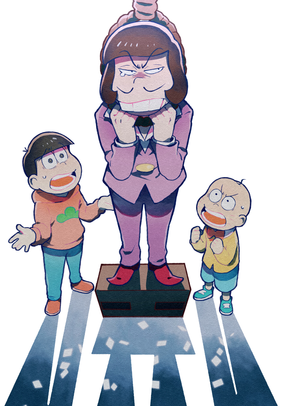 3boys bald bow bowtie chibita clenched_hands highres holding holding_rope hood hoodie imminent_suicide iyami long_sleeves male_focus matsuno_osomatsu multiple_boys noose osomatsu-san ouka_(stan) purple_suit red_bow red_bowtie red_footwear red_hoodie rope rope_around_neck shorts suit tearing_up v-shaped_eyebrows worried