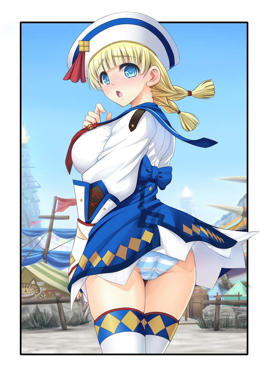blonde_hair blue_eyes braid dixie_cup_hat hat highres looking_at_viewer military_hat monster_hunter monster_hunter_3_g panties pantyshot quest_receptionist_(monster_hunter_3_ultimate) sailor sailor_collar sailor_hat skirt solo thighhighs underwear white_legwear youshuu