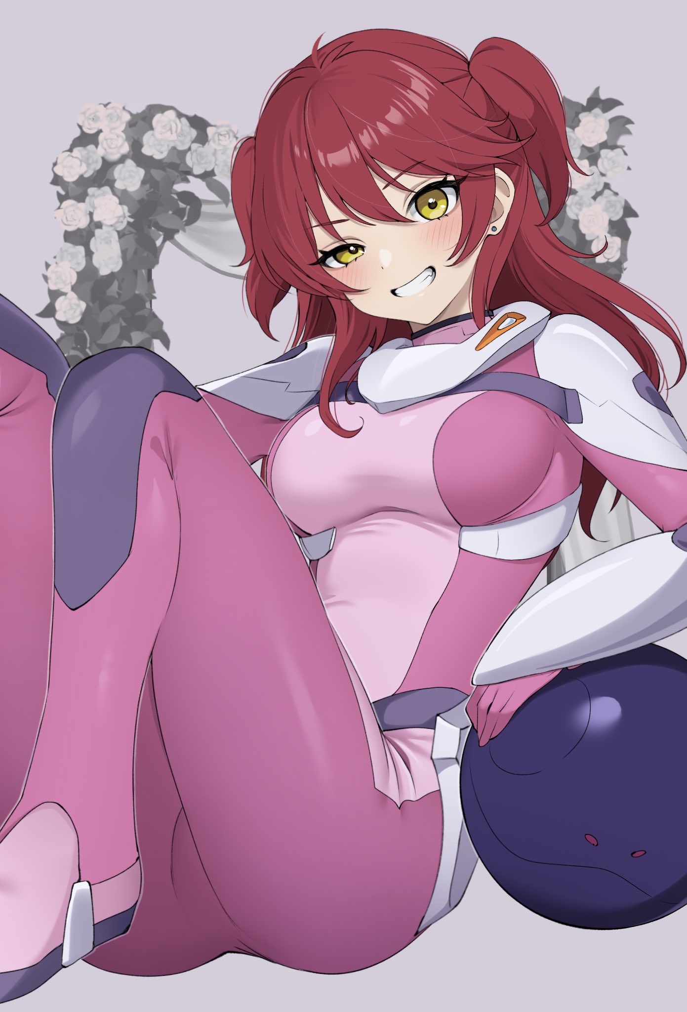 1girl bad_haro blush bodysuit breasts campbell_xx commentary_request earrings grey_background grin gundam gundam_00 highres jewelry knees_up large_breasts looking_at_viewer multicolored_bodysuit multicolored_clothes nena_trinity pilot_suit pink_bodysuit red_hair simple_background smile solo stud_earrings two-tone_bodysuit two_side_up yellow_eyes