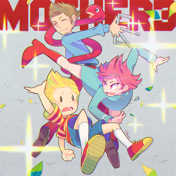 1girl 2boys artist_name belt bike_shorts blonde_hair boots brown_hair chromatic_aberration duster_(mother) facial_hair fang fingerless_gloves gloves hood hoodie jewelry kicking kumatora lucas_(mother_3) messy_hair mother_(game) mother_3 multiple_boys necklace otoe_(milkyboy_inc.) pants pink_eyes pink_hair quiff rope_snake shoes short_hair shorts sneakers staple