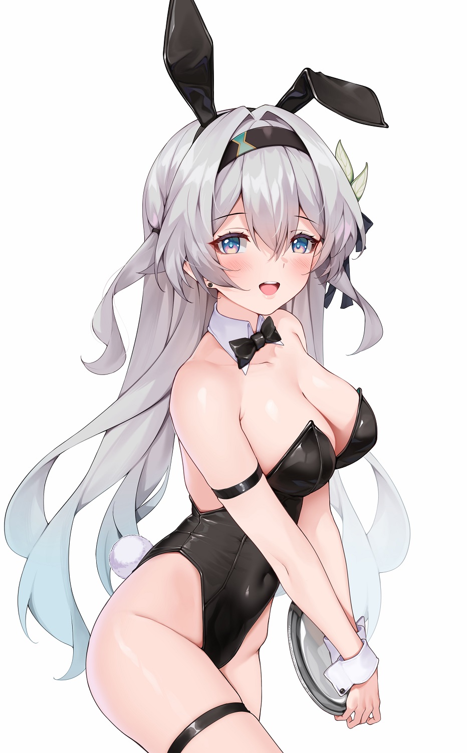 1girl :d animal_ears arm_support bare_shoulders black_bow black_bowtie black_hairband black_leotard black_ribbon blue_hair blue_pupils blush bow bowtie breasts cleavage collarbone covered_navel crossed_bangs detached_collar fake_animal_ears fake_tail firefly_(honkai:_star_rail) from_side gradient_hair grey_eyes grey_hair hair_between_eyes hair_bow hair_intakes hair_ribbon hairband highleg highleg_leotard highres holding holding_tray honkai:_star_rail honkai_(series) large_breasts leotard long_hair looking_at_viewer matrix16 multicolored_hair nail_polish one_eye_closed one_side_up open_mouth playboy_bunny rabbit_ears rabbit_tail ribbon sidelocks simple_background sitting smile solo strapless strapless_leotard tail teeth traditional_bowtie tray upper_teeth_only white_background white_wrist_cuffs wrist_cuffs