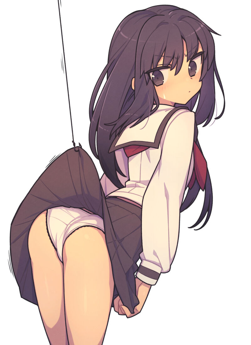 1girl ass assisted_exposure black_eyes black_hair black_skirt blush closed_mouth clothes_lift commentary dot_mouth everyntrge fishing_hook fishing_line from_behind hair_between_eyes long_hair long_sleeves looking_back neckerchief original panties pantyshot pleated_skirt red_neckerchief sailor_collar school_uniform serafuku sidelocks skirt skirt_lift solo sweatdrop underwear white_panties white_sailor_collar