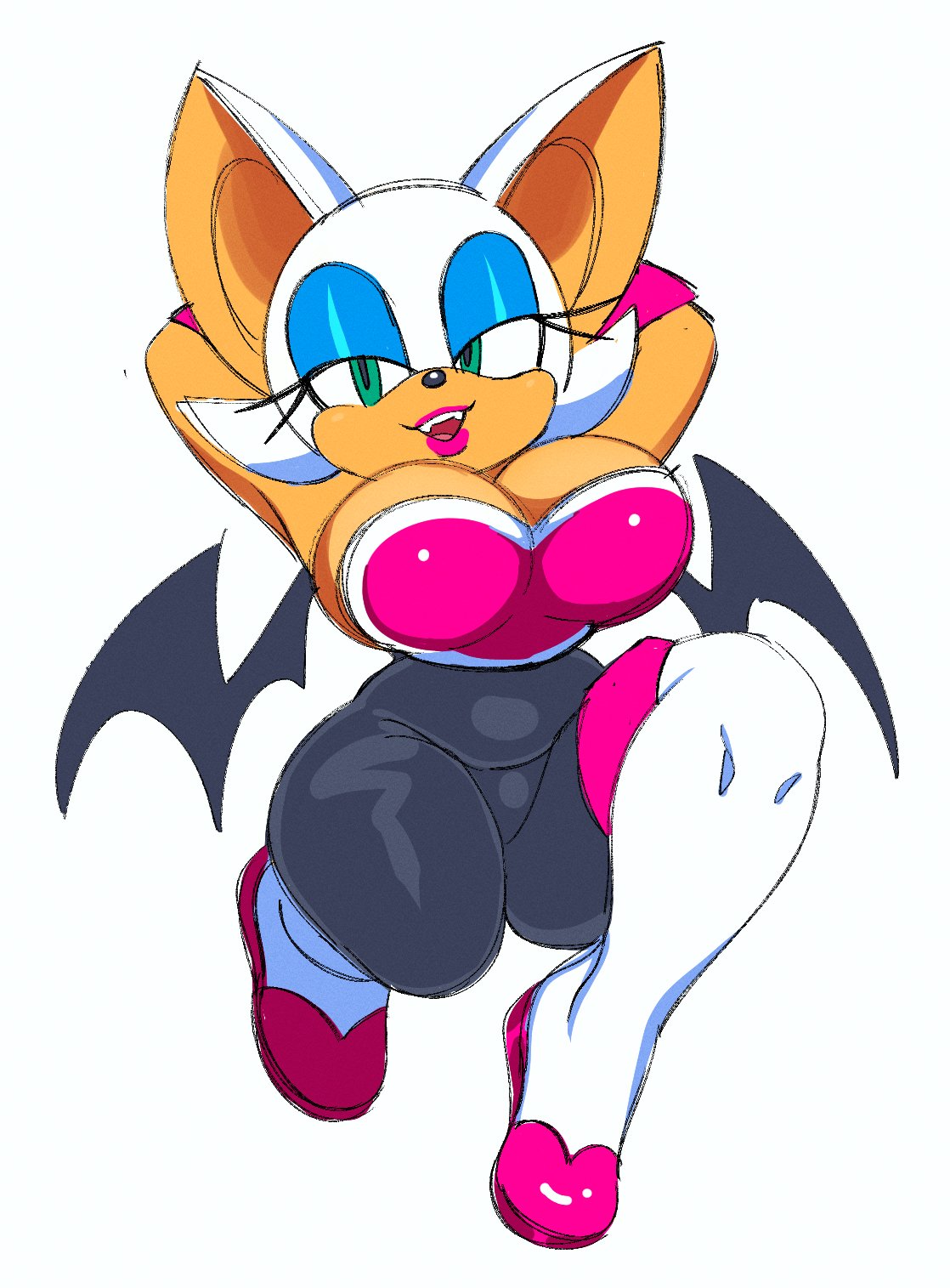 anthro bat big_breasts blue_eyeshadow bodysuit breasts cleavage clothed clothing eyelashes eyeshadow female fiinel fur green_eyes hair half-closed_eyes hi_res lips makeup mammal narrowed_eyes open_mouth pink_lips raised_arms rouge_the_bat sega simple_background skinsuit solo sonic_the_hedgehog_(series) tan_body tan_fur thick_thighs tight_clothing white_background white_hair wide_hips wings