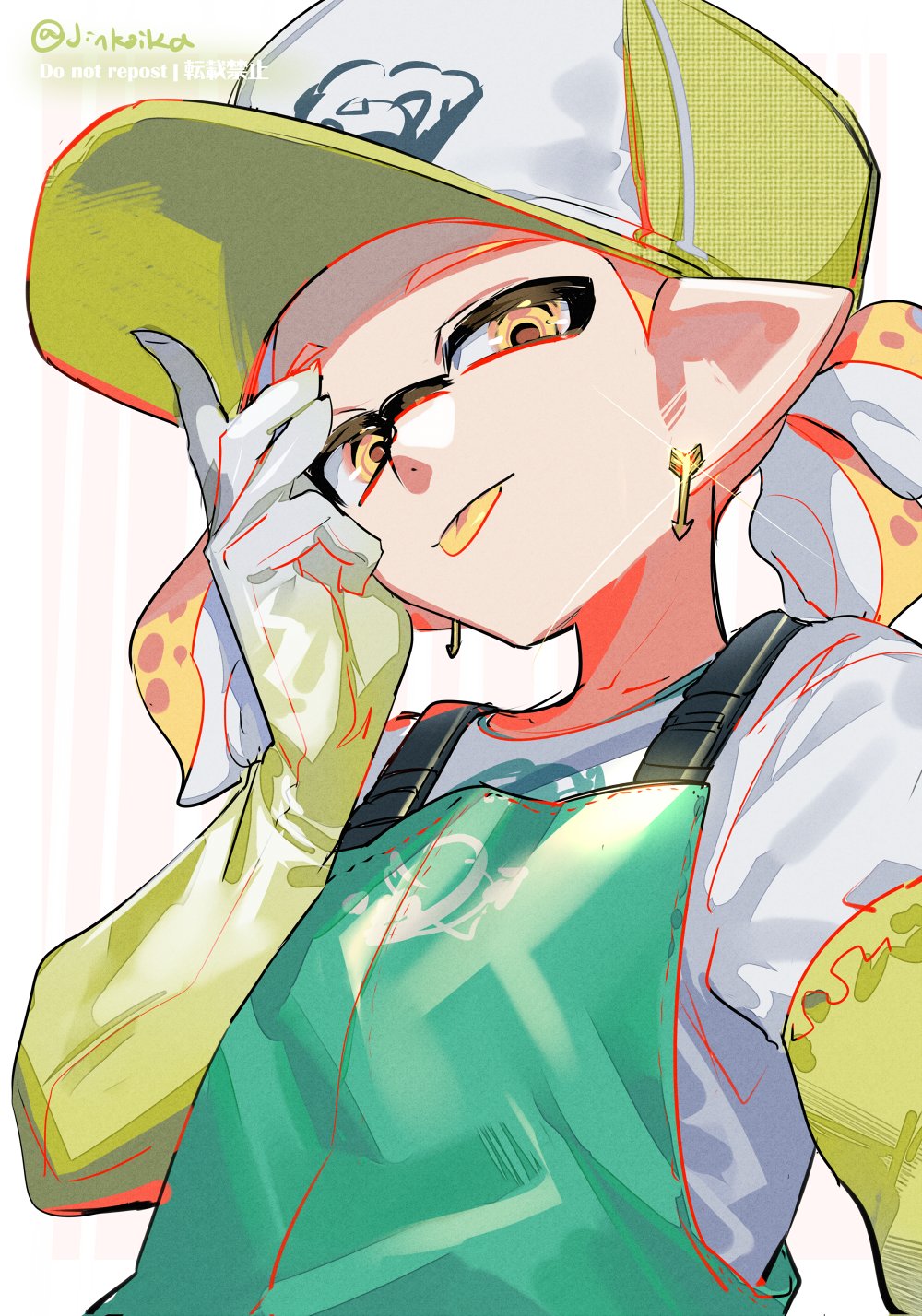 1boy :p artist_name baseball_cap blonde_hair commentary_request earrings ed_(jinko) from_below gloves green_gloves green_overalls hat highres inkling_boy inkling_player_character jewelry jinkobanana looking_at_viewer male_focus pointy_ears print_headwear rubber_gloves salmon_run_(splatoon) shirt short_hair short_ponytail solo splatoon_(series) splatoon_3 tentacle_hair tongue tongue_out twitter_username upper_body white_shirt yellow_eyes
