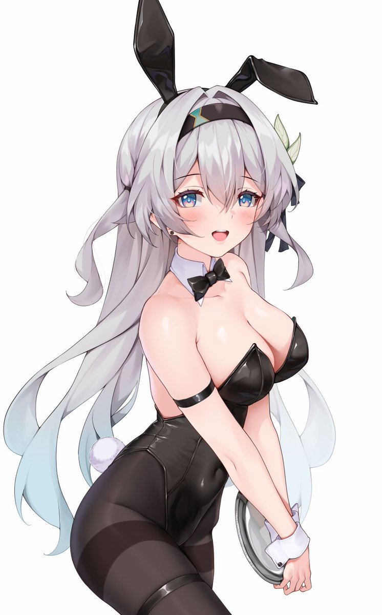 1girl :d animal_ears arm_support bare_shoulders black_bow black_bowtie black_hairband black_leotard black_pantyhose black_ribbon blue_hair blue_pupils blush bow bowtie breasts cleavage collarbone covered_navel crossed_bangs detached_collar fake_animal_ears fake_tail firefly_(honkai:_star_rail) from_side gradient_hair grey_eyes grey_hair hair_between_eyes hair_bow hair_intakes hair_ribbon hairband highleg highleg_leotard honkai:_star_rail honkai_(series) large_breasts leotard long_hair looking_at_viewer matrix16 multicolored_hair nail_polish one_eye_closed one_side_up open_mouth pantyhose playboy_bunny rabbit_ears rabbit_tail ribbon sidelocks simple_background sitting smile solo strapless strapless_leotard tail teeth thighband_pantyhose traditional_bowtie upper_teeth_only white_background white_wrist_cuffs wrist_cuffs