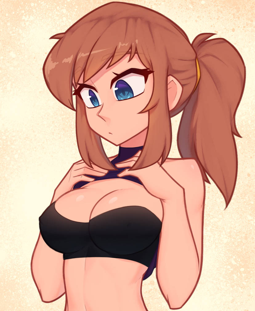 1girl a_hat_in_time abs aged_up blue_eyes bra breasts brown_hair cleavage cropped gradient_background hat_kid long_hair looking_down medium_breasts navel nipples non-web_source nose original shirt sidelocks simple_background solo underwear xyronii