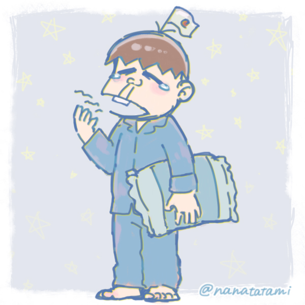 1boy blue_pajamas brown_hair buck_teeth hatabou head_flag holding holding_pillow japanese_flag male_focus nanatatami osomatsu-san pajamas pillow tears teeth twitter_username yawning