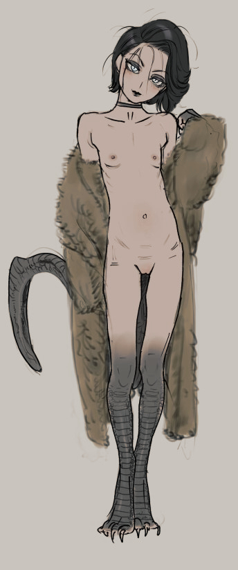 1girl animal_feet animal_hands black_hair black_lips blue_eyes brown_background brown_coat choker claws closed_mouth coat coat_partially_removed digitigrade flat_chest full_body fur_coat grey_choker grey_scales hand_up head_tilt long_sleeves looking_at_viewer messy_hair monster_girl naked_coat original pussy scales short_hair simple_background slit_pupils solo standing tail unko_man