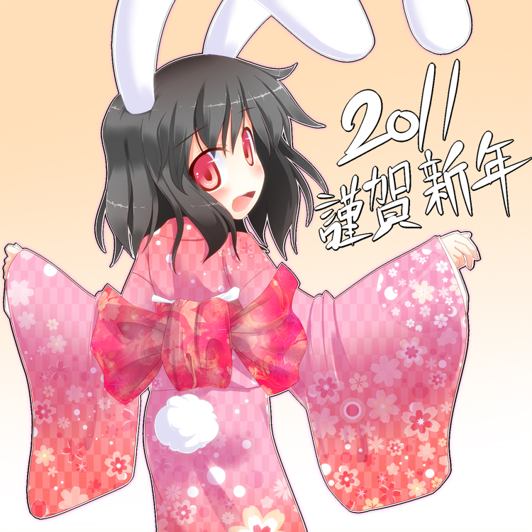 1girl 2011 animal_ears back_bow black_hair blush bow brown_background checkered_clothes checkered_kimono commentary cowboy_shot floral_print_kimono from_behind gradient_background inaba_tewi japanese_clothes kimono long_sleeves looking_at_viewer medium_hair new_year open_mouth pink_kimono rabbit_ears rabbit_tail razy_(skuroko) red_eyes solo tail touhou translated w_arms wide_sleeves