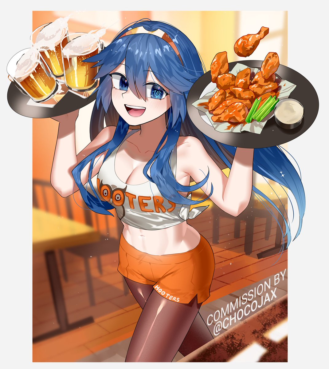 1girl alcohol alternate_costume beer beer_mug brand_of_the_exalt celery chicken_(food) chicken_wing chocojax commission cup employee_uniform fire_emblem fire_emblem_awakening food highres hooters indoors lucina_(fire_emblem) mug open_mouth orange_shorts print_tank_top ranch restaurant shorts solo teeth tiara uniform upper_teeth_only waitress