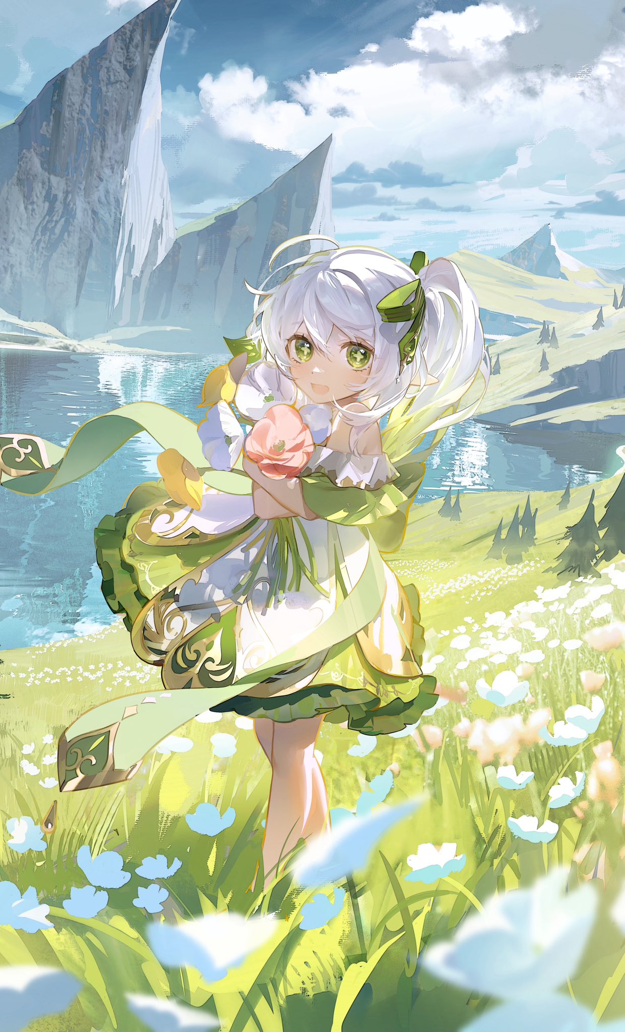 1girl back_bow bare_shoulders blue_sky bow cloud commentary_request cross-shaped_pupils crossed_arms day dress field flower flower_field from_side genshin_impact grass green_dress green_eyes hair_between_eyes hair_ribbon highres holding holding_flower lake landscape looking_at_viewer medium_hair mountain nahida_(genshin_impact) off_shoulder open_mouth outdoors pine_tree ribbon scenery side_ponytail sky solo standing symbol-shaped_pupils tree water white_flower white_hair wind yurayura_(mdeh5447)