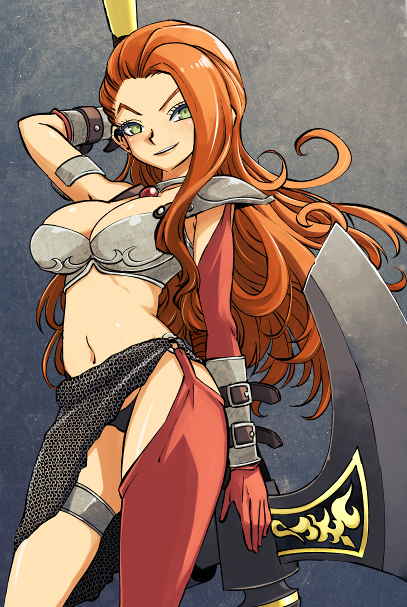 1girl arm_up armor axe battle_axe black_panties boobplate breasts dragon_quest dragon_quest_heroes_ii elbow_gloves eyelashes gloves green_eyes highres huge_weapon large_breasts lips long_hair muramasa_mikado navel open_mouth orange_hair orange_lips ornaze panties red_gloves red_thighhighs shoulder_armor single_elbow_glove single_thighhigh smile solo standing teeth thighhighs thighlet underwear upper_teeth_only weapon