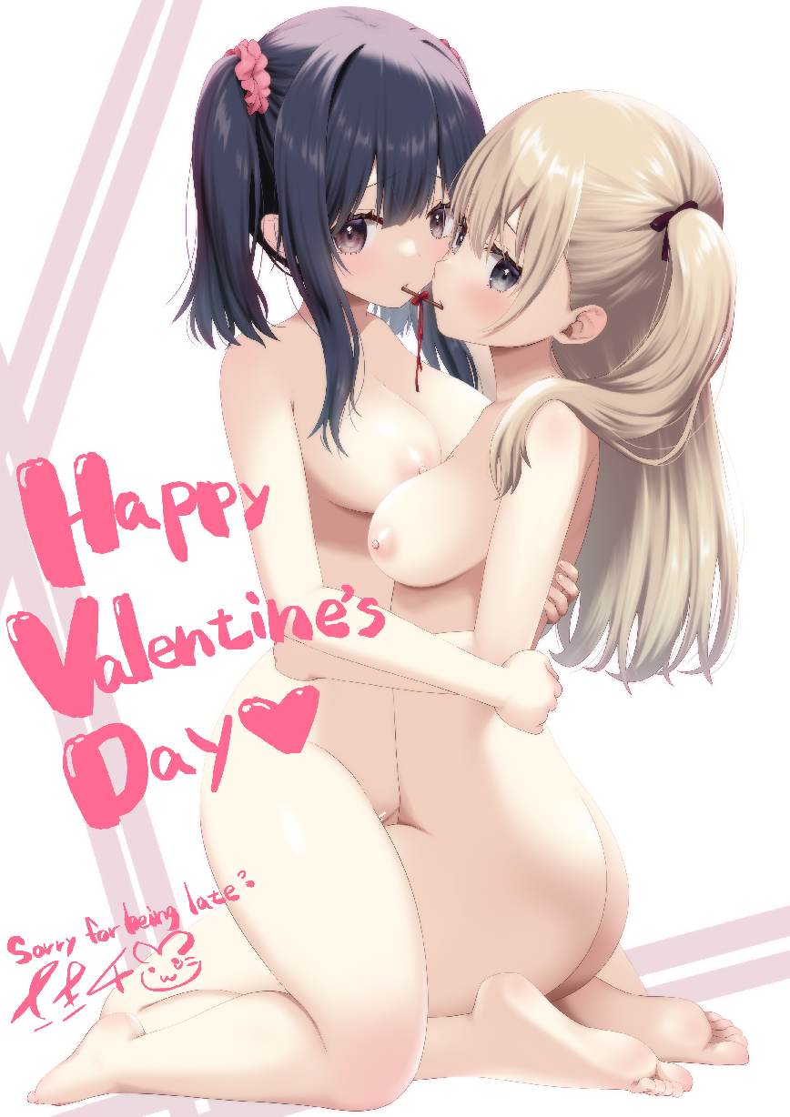 2girls ass barefoot blush breasts completely_nude couple english_text food happy_valentine harem highres hug kneeling looking_at_viewer multiple_girls nipples nude original pocky pocky_kiss pussy saki_chisuzu soles take_your_pick yuri