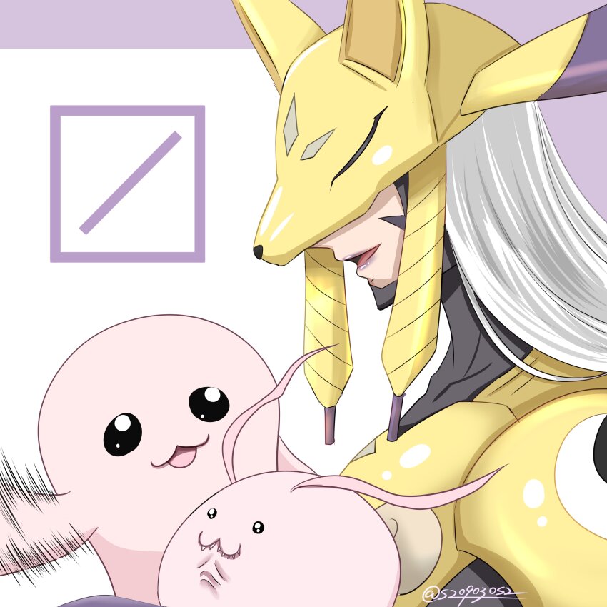 armor breasts digimon fox_mask gloves grey_hair huge_breasts japanese_clothes long_hair mas_square mask mochimon non-web_source purple_lips sakuyamon tokomon