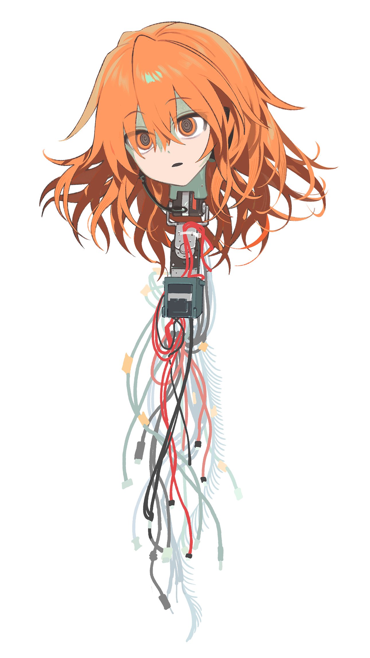 1girl a.i._voice adachi_rei android cable cable_tie expressionless hair_between_eyes hair_down headset highres long_hair looking_at_viewer lunch_(lunchicken) machine open_mouth orange_eyes orange_hair photo-referenced ringed_eyes severed_head simple_background solo spinal_cord utau white_background