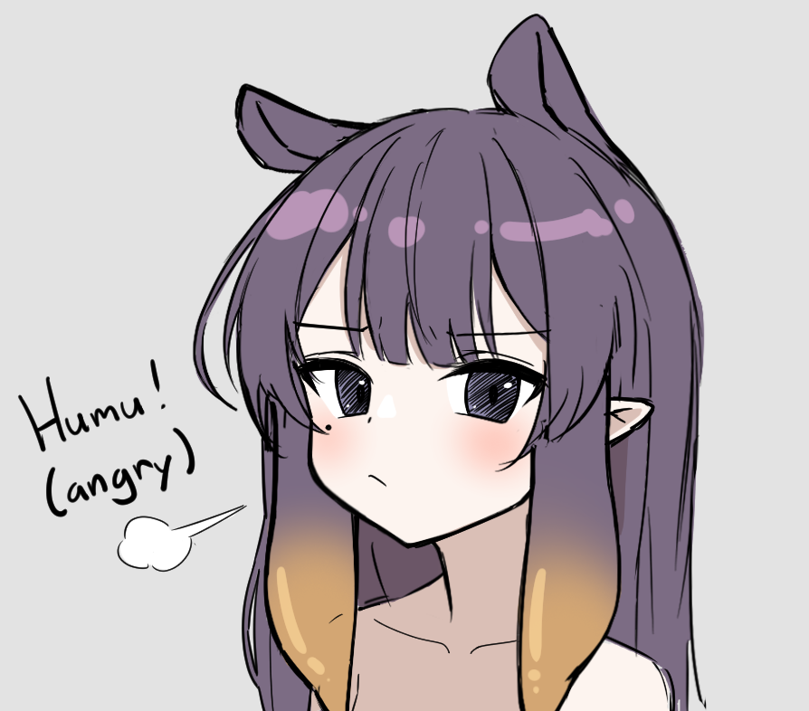 1girl bakedmonogamy collarbone english_text gradient_hair grey_background grey_eyes hololive hololive_english implied_nudity long_hair looking_at_viewer mole mole_under_eye multicolored_hair ninomae_ina'nis orange_hair pointy_ears pout purple_hair sidelocks solo tentacle_hair upper_body virtual_youtuber