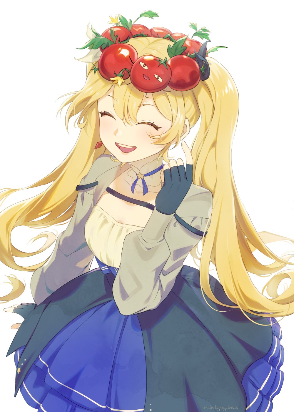 1girl :d ^_^ artist_name black_gloves black_skirt blonde_hair blue_choker blue_ribbon blue_skirt blush choker closed_eyes collarbone commentary cropped_jacket darkgreyclouds dokibird_(vtuber) dokibird_(vtuber)_(tomato) earrings english_commentary eyelashes fingerless_gloves flower gem gloves grey_jacket hair_between_eyes hand_up head_wreath high-waist_skirt highres indie_virtual_youtuber jacket jewelry long_hair long_sleeves open_clothes open_jacket open_mouth puffy_long_sleeves puffy_sleeves red_gemstone ribbon ribbon_choker shirt sidelocks simple_background single_earring skirt smile solo star_(symbol) star_choker teeth tomato twintails twitter_username upper_teeth_only very_long_hair white_background white_shirt yellow_flower