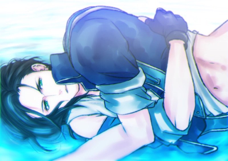 1boy arm_across_chest bare_hips black_gloves black_hair blue_background blue_jacket commentary_request disheveled final_fantasy final_fantasy_viii fingerless_gloves gloves green_eyes haishima_ryo jacket laguna_loire long_hair looking_at_viewer lying male_focus midriff_peek navel off_shoulder on_side open_clothes open_jacket parted_lips shirt single_off_shoulder sleeves_rolled_up solo upper_body v-neck white_background white_shirt