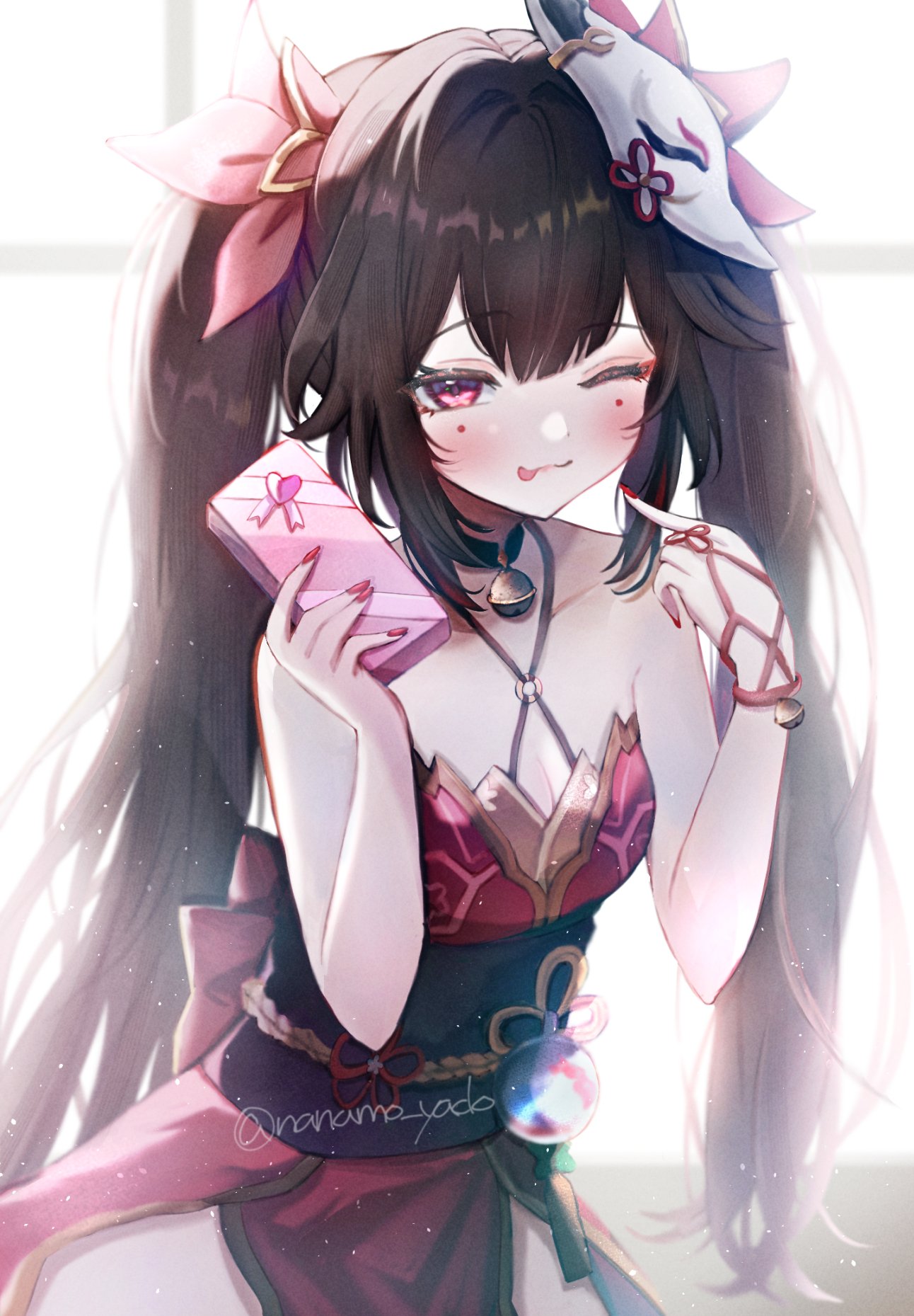 1girl ;3 ;p bell black_choker black_hair black_sash box breasts choker cleavage commentary_request criss-cross_halter dress facial_mark fox_mask hair_ribbon halterneck hand_up highres holding holding_box honkai:_star_rail honkai_(series) jingle_bell long_hair looking_at_viewer mask mask_on_head nail_polish nanamo_yado neck_bell o-ring obi one_eye_closed pink_eyes pointing pointing_at_self red_dress red_nails red_ribbon ribbon sash sleeveless sleeveless_dress small_breasts smile solo sparkle_(honkai:_star_rail) tongue tongue_out twintails upper_body very_long_hair