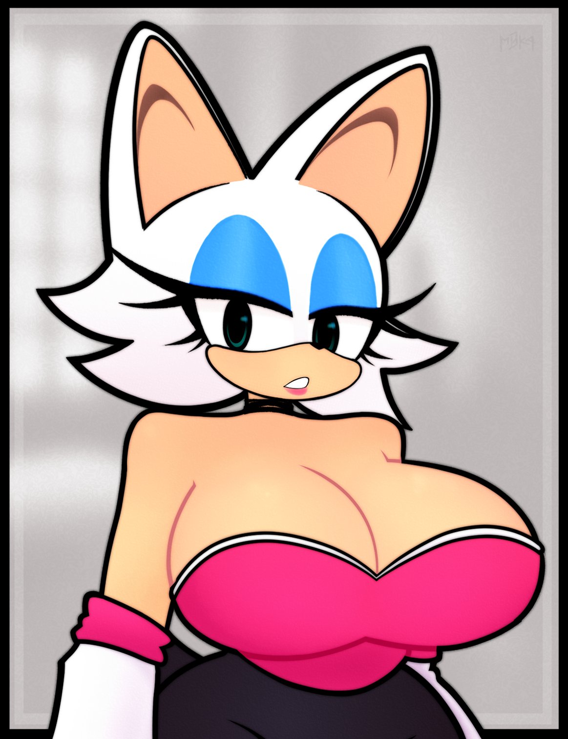 anthro bat big_breasts big_ears breasts cleavage clothed clothing collar curvy_figure ears_up eyelashes eyeshadow female gloves half-closed_eyes handwear hi_res humanoid lipstick looking_at_viewer m0k4 makeup mammal narrowed_eyes pink_lipstick rouge_the_bat sega solo sonic_the_hedgehog_(series) voluptuous voluptuous_female